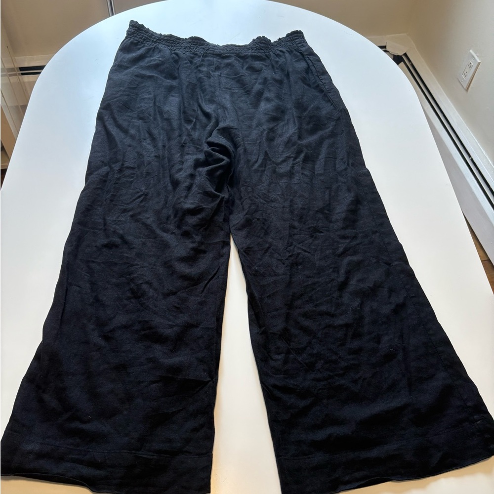 Black Wide Leg Linen Elastic Waist Pants